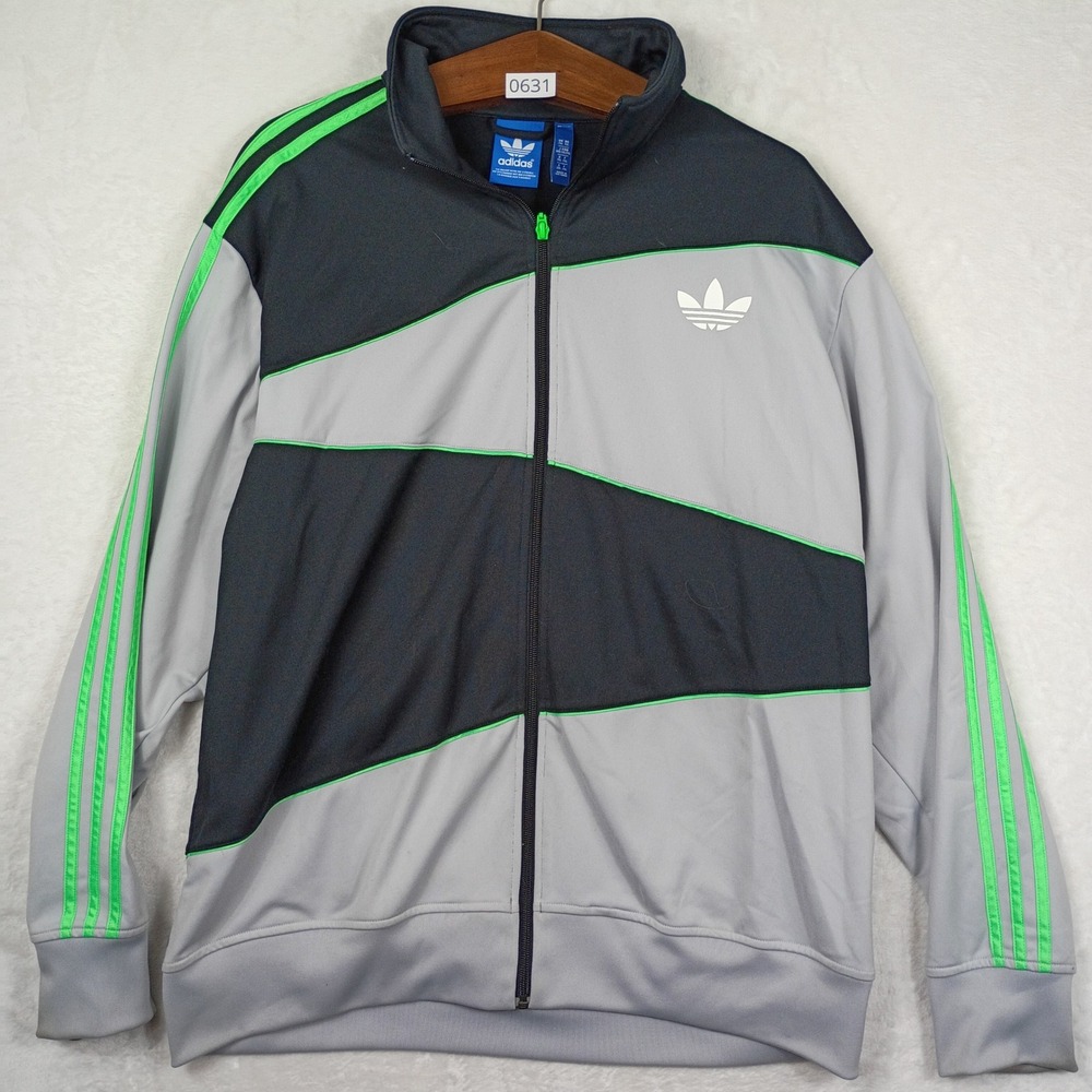 Adidas Track Jacket Mens XL Grey Black Neon Green Colorblock Trefoil Gorpcore